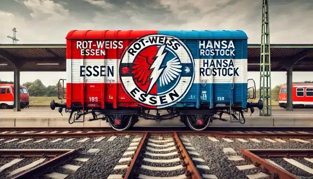 Das Foto zeigt einen Güter-Wagon, der mit den Emblemen der Fußballvereine Rot-Weiss Essen und Hansa Rostock besprüht ist.