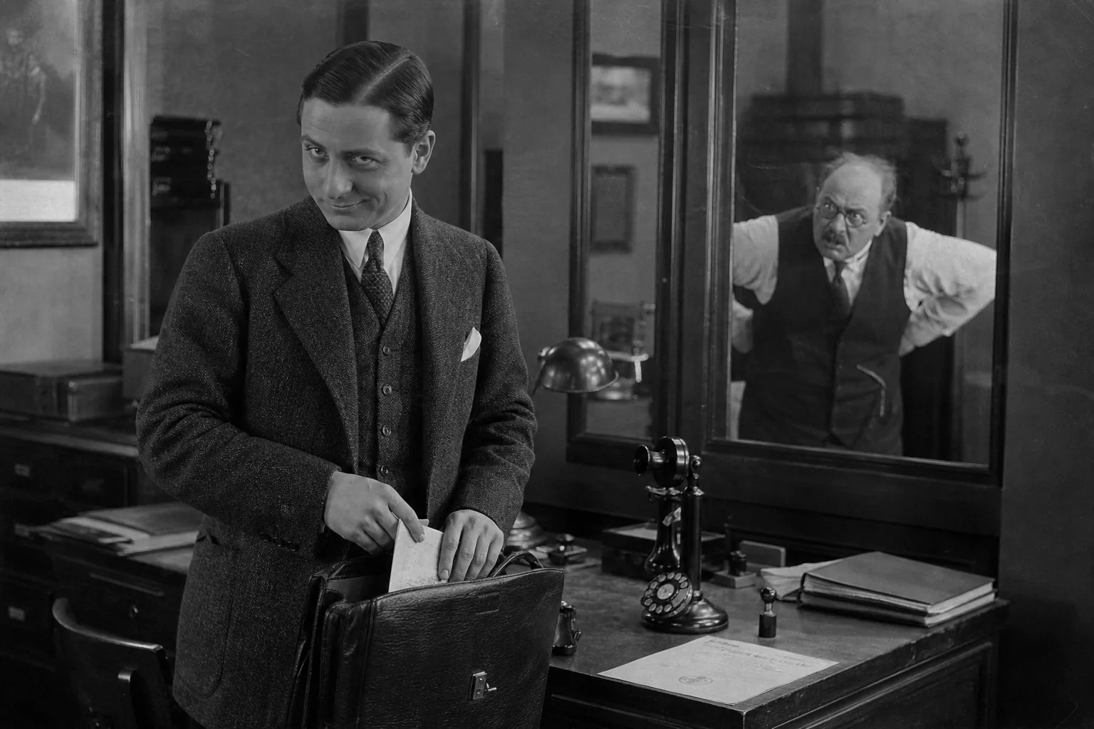 Historische 1920er Jahre Schwarz-Weiß-Fotografie: Skepsis im Berliner Büro bei Krankschreibung nach Kündigung im Arbeitsrecht.