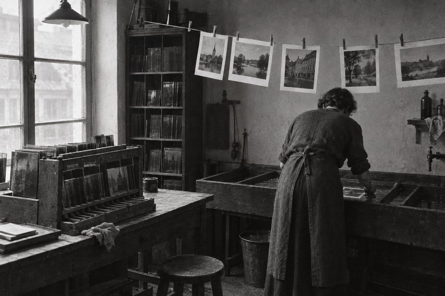 Fotowerkstatt der 1920er Jahre mit trocknenden Abzügen an einer Leine