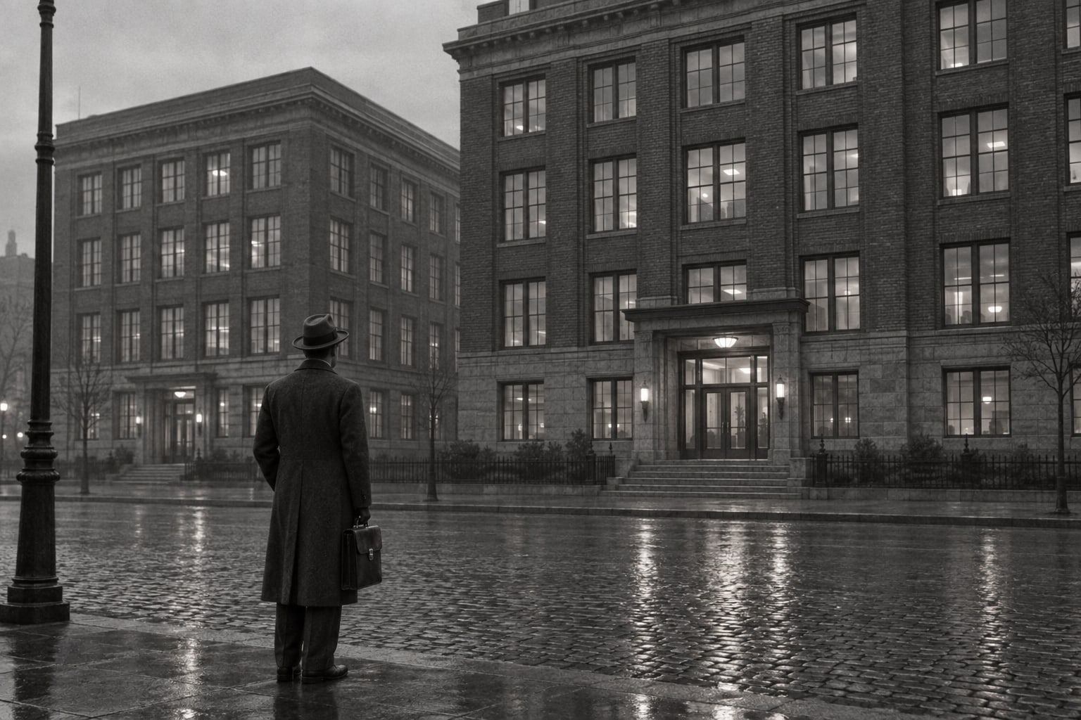 Person von hinten mit Aktentasche vor zwei benachbarten Bürogebäuden in einer Straße der 1920er Jahre