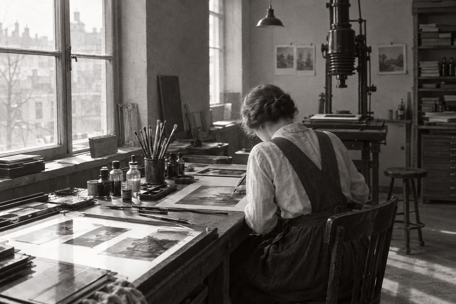 Retuschestudio der 1920er Jahre: eine Person bearbeitet an einem Leuchttisch fotografische Glasplatten.