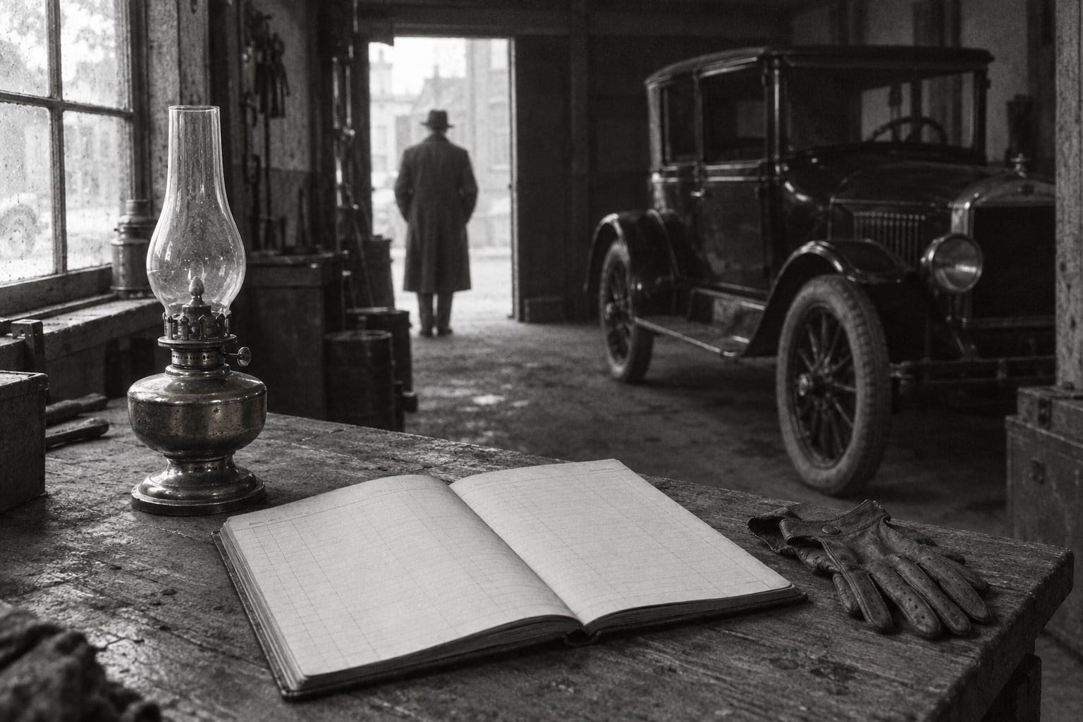 Werkstattbank mit aufgeschlagenem Fahrtenbuch und Automobil in einer Garage der 1920er Jahre