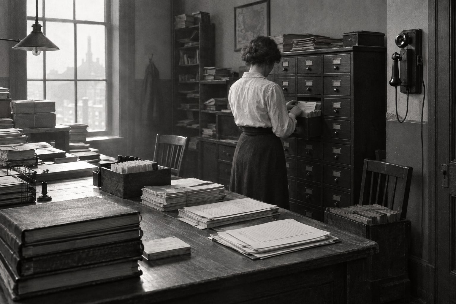 Historisches Büro eines Abonnementversands mit Karteischränken und Formularstapeln, ein Angestellter von hinten