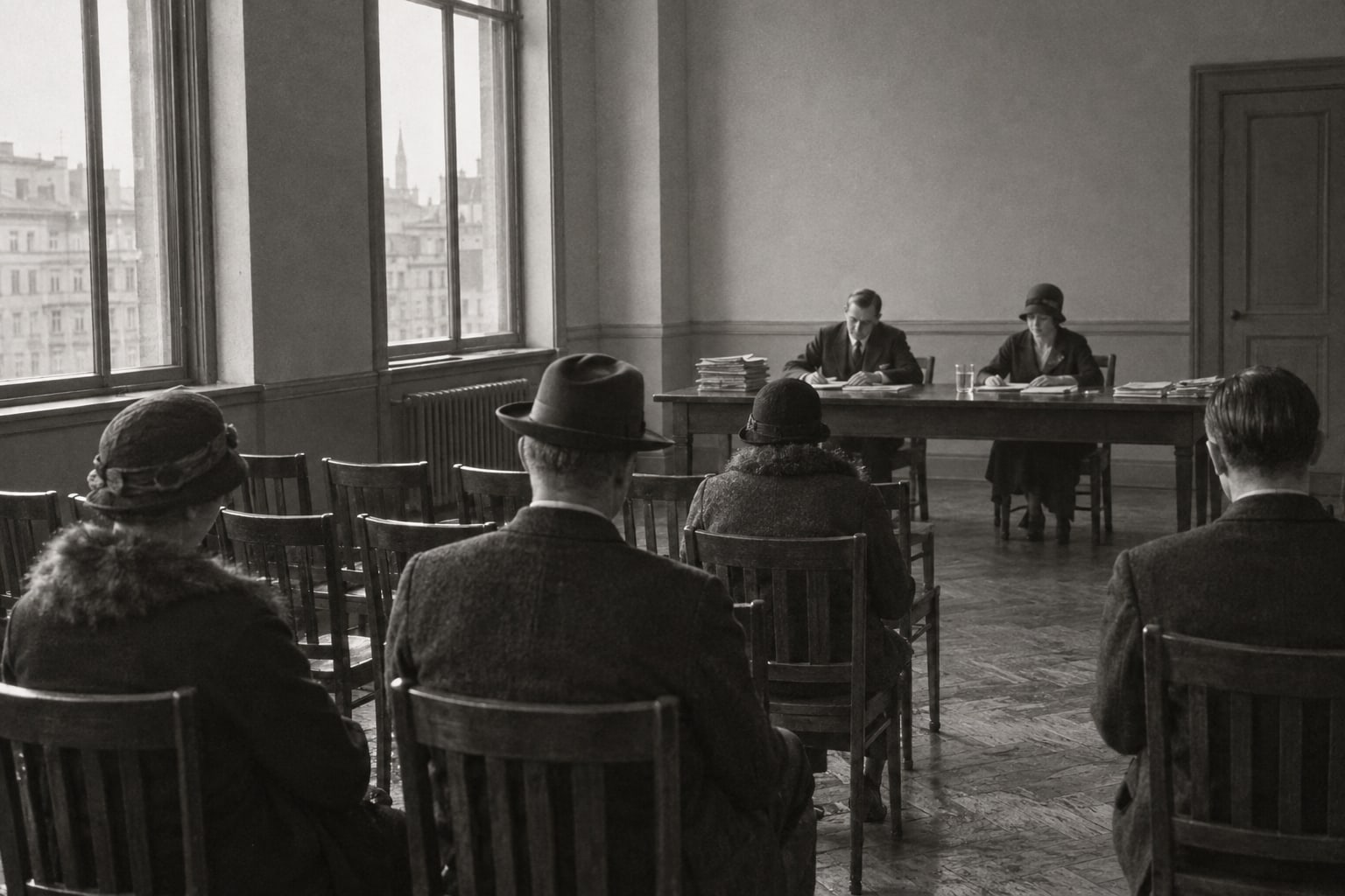 Versammlungsraum eines Wohnhauses mit Stuhlreihen und Unterlagen auf dem Tisch, Szene aus den 1920er Jahren