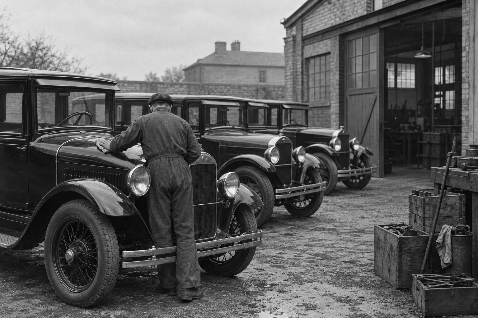 Autohof der 1920er Jahre mit abgestellten Fahrzeugen und einem Mechaniker von hinten