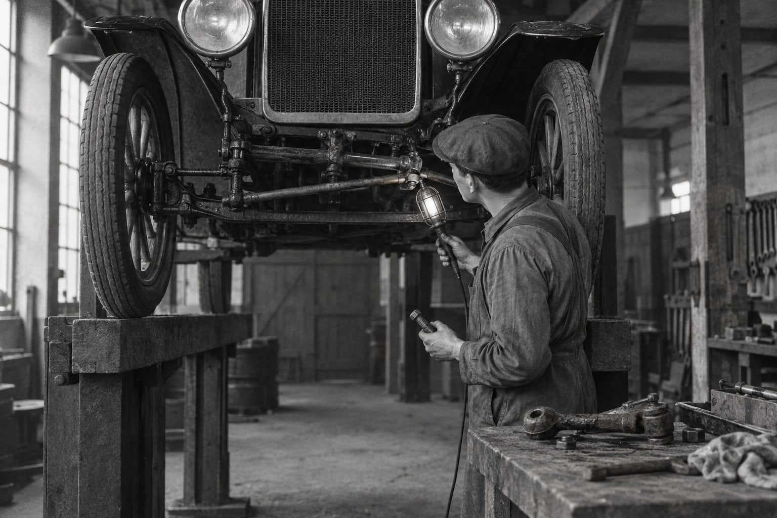 Historische Werkstatt – ein Mechaniker prüft mit einer Lampe die Lenkung an der Vorderachse eines alten Automobils und hält eine Schraube in der Hand
