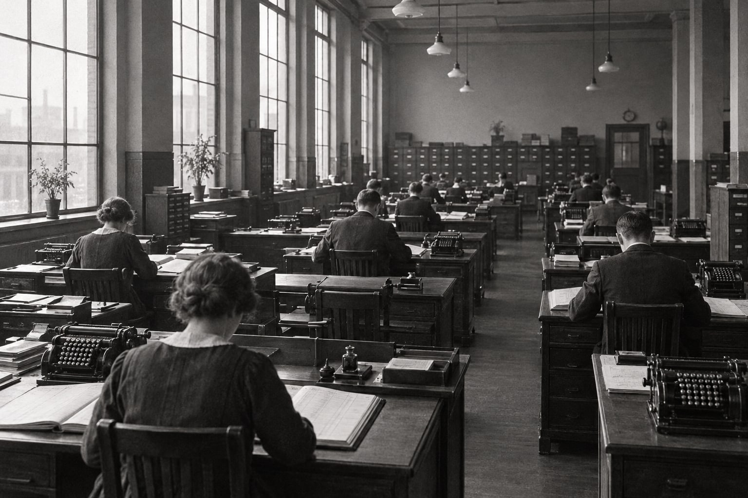 Großer Kontorsaal eines Industrieunternehmens in den 1920er Jahren mit Schreibtischen, Geschäftsbüchern und Angestellten von hinten
