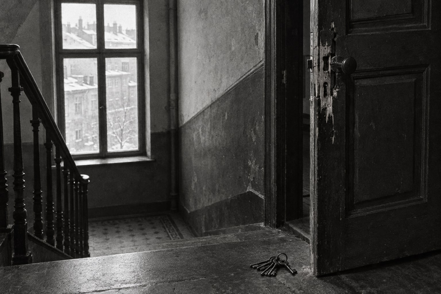 Aufgebrochene Wohnungstür in einem Berliner Mietshaus-Treppenhaus, historische Aufnahme