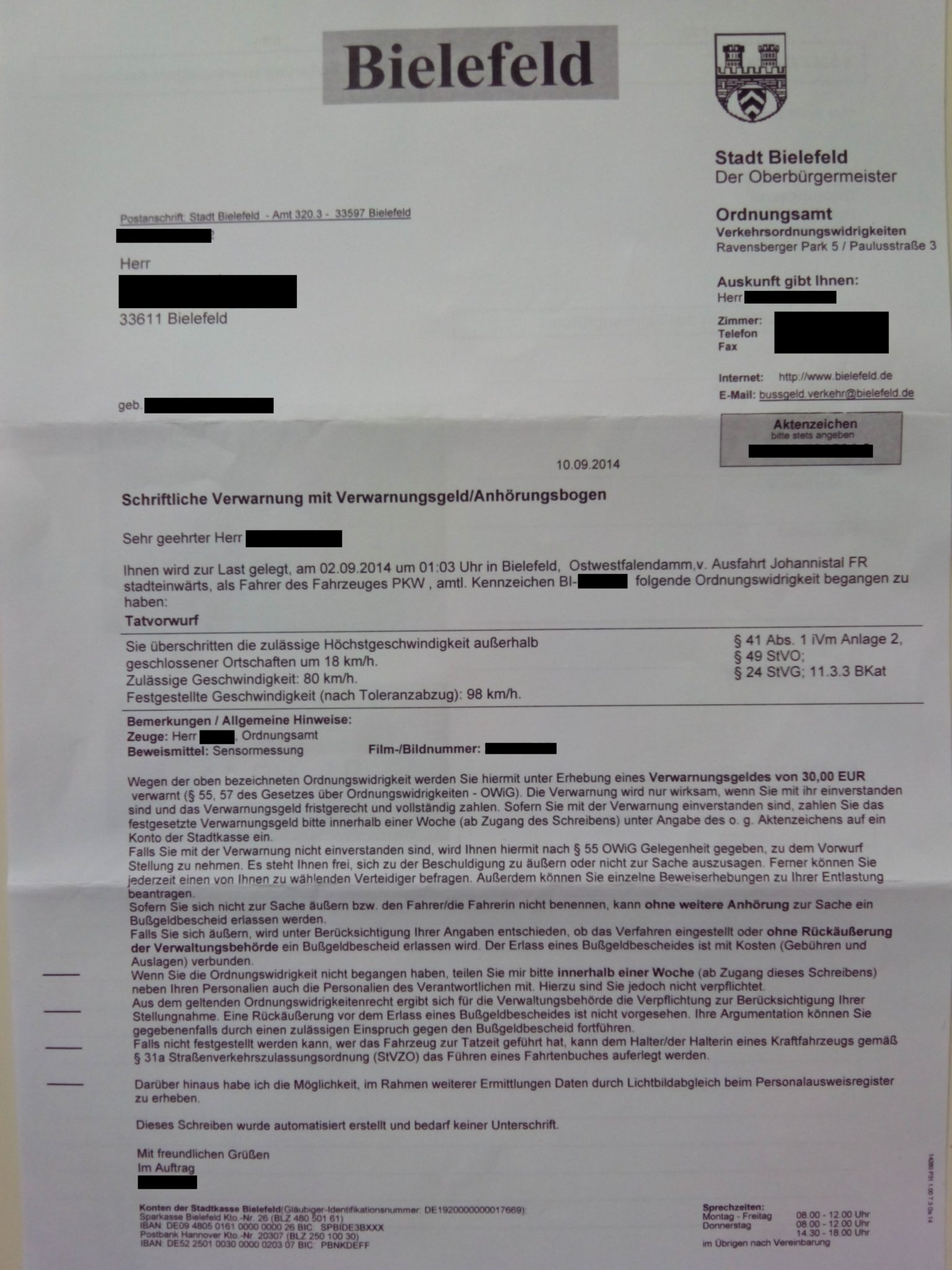 Darf ein Bußgeldbescheid ohne vorige Verwarnung ergehen?