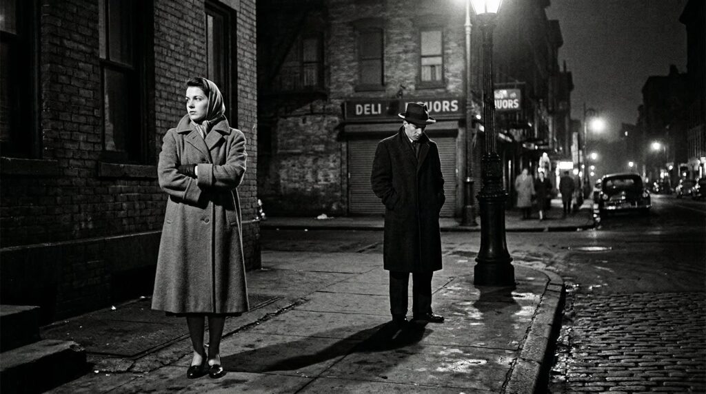 Ja heißt Ja Sexualstrafrecht: Schwarz-Weiß-Straßenfotografie einer nächtlichen Szene mit zwei Personen in Distanz – Kanzlei VON RÜDEN | HEYSE