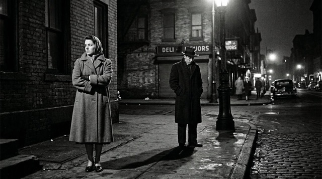 Ja heißt Ja: Schwarz-Weiß-Straßenfotografie einer nächtlichen Szene mit zwei Personen in Distanz – Kanzlei VON RÜDEN | HEYSE