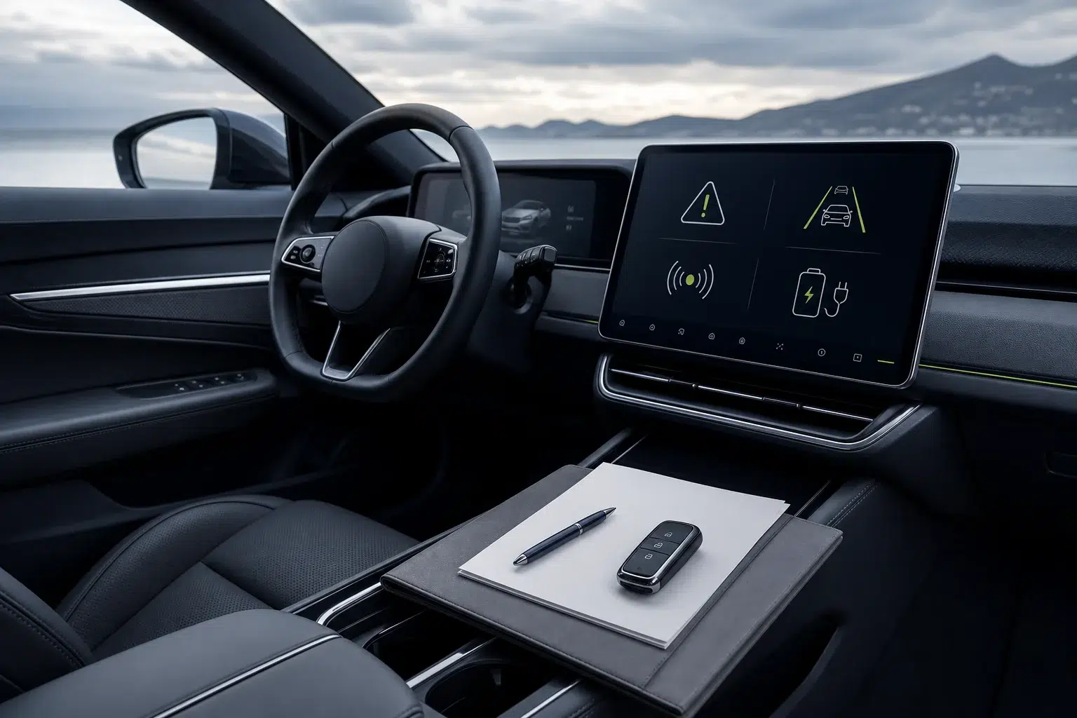 Symbolbild mit digitalen Warnanzeigen, Fahrzeugschlüssel und Unterlagen zur Dokumentation von Audi e-tron Mängeln