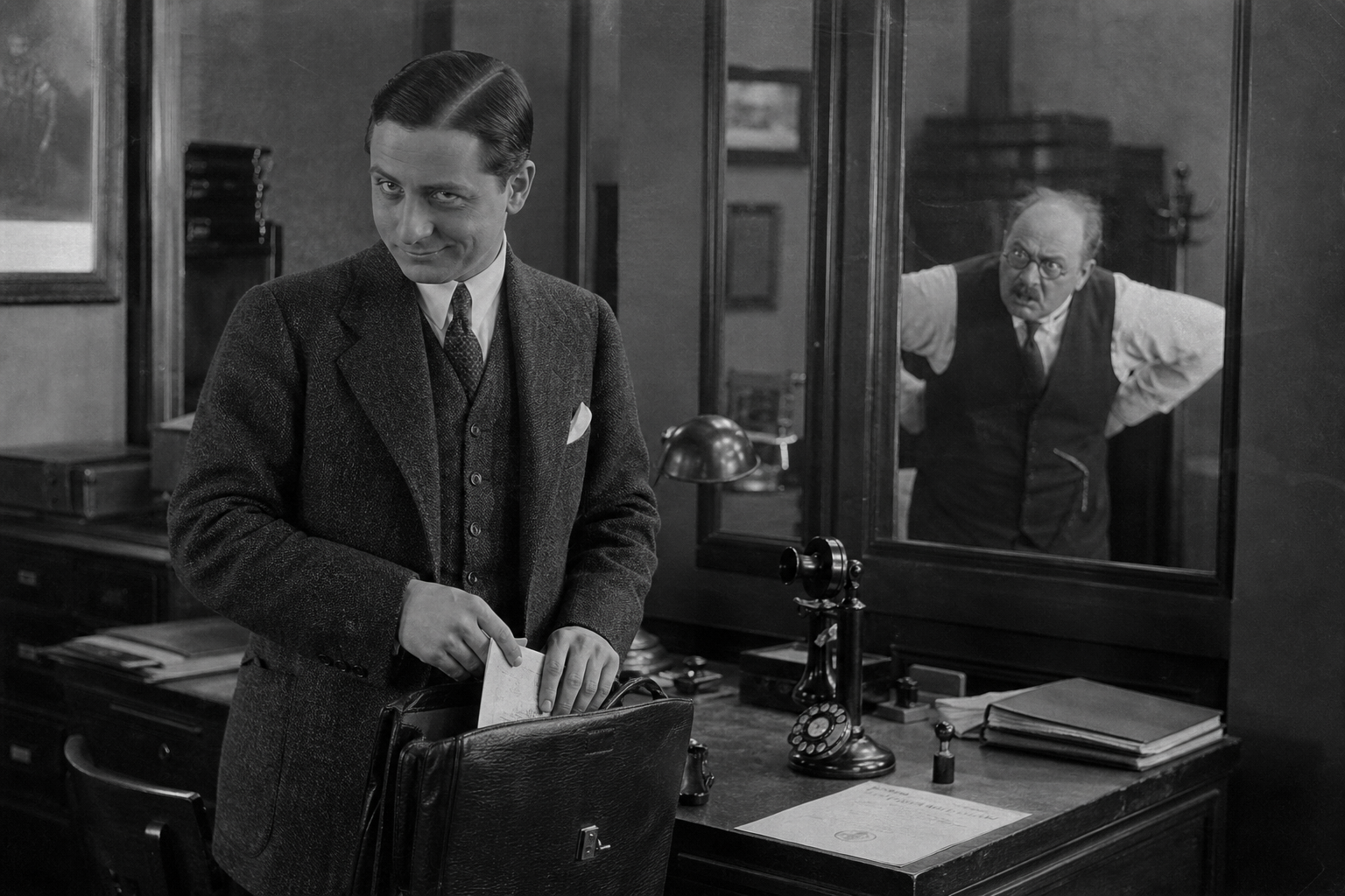 Historische 1920er Jahre Schwarz-Weiß-Fotografie: Skepsis im Berliner Büro bei Krankschreibung nach Kündigung im Arbeitsrecht.